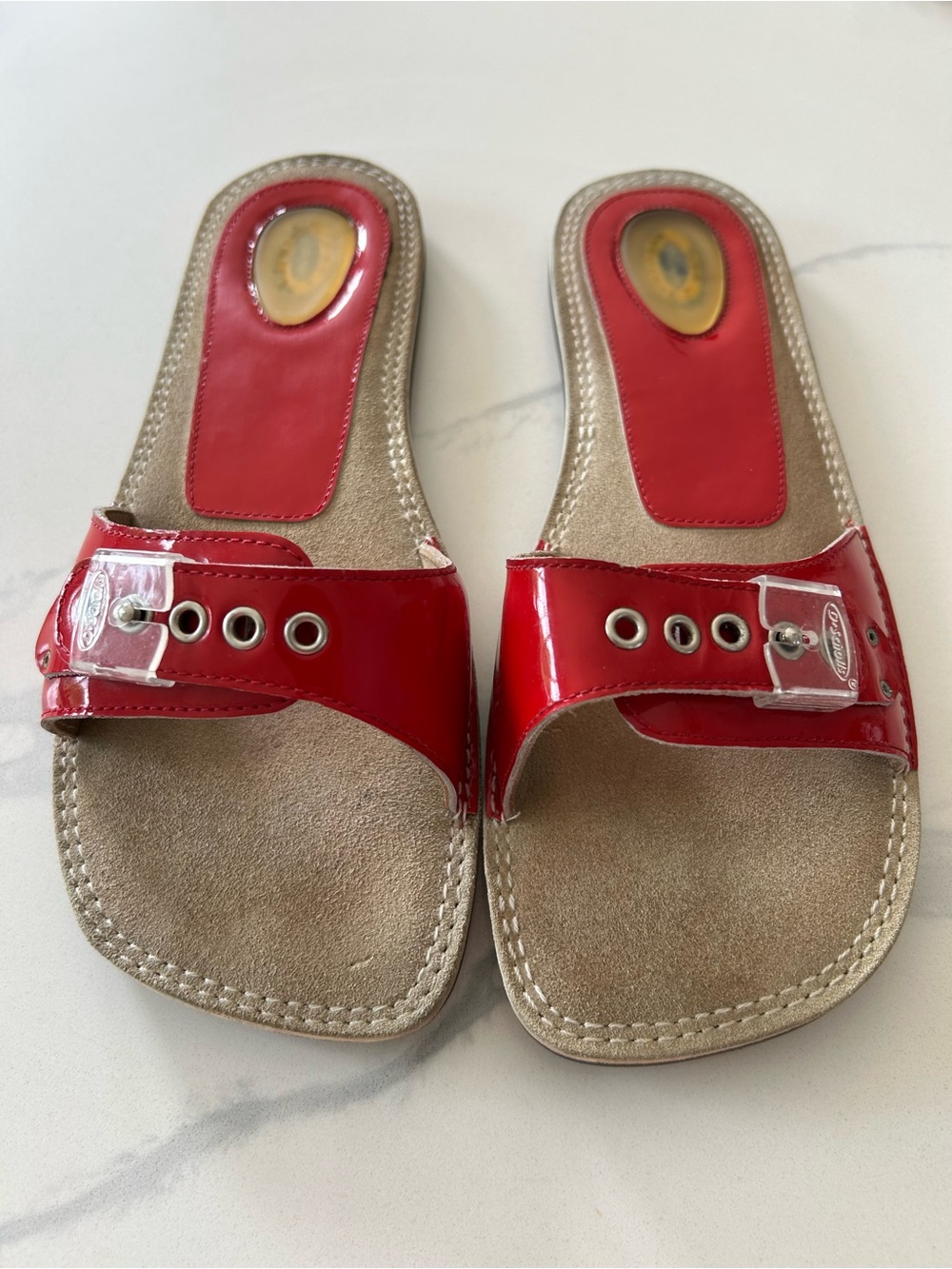 Dr Scholls Red Patent Slide Sandals - Women's Comfortable Summer Slides. Sz 9